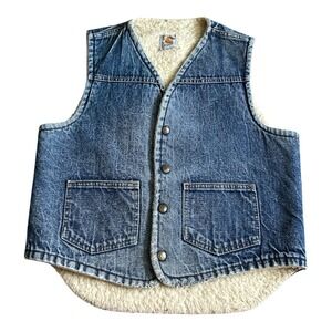Vintage 70s/80s Carhartt Sherpa Lined Work Vest Light Wash Denim Jean Size Small